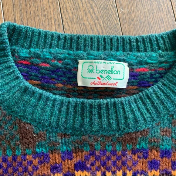 VINTAGE Benetton Made In Italy Multicoloured Shetland Wool Sweater Size Unknown - Picture 3 of 10